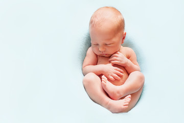 Naked newborn baby sleeping on the blue background