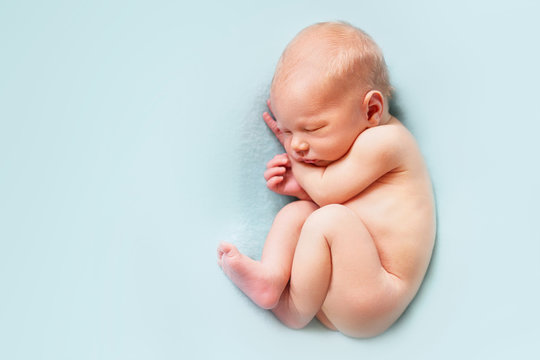 Naked newborn baby boy sleeping on the blue background