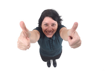 woman with thumb up isolated on white
