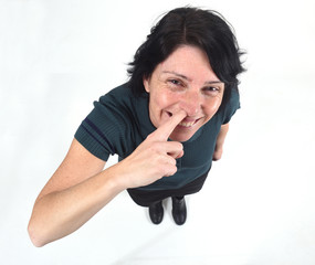 woman with finger inside nose  isolated on white
