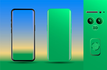 Smartphone on a colored background. Model realistic with design elements for advertising.