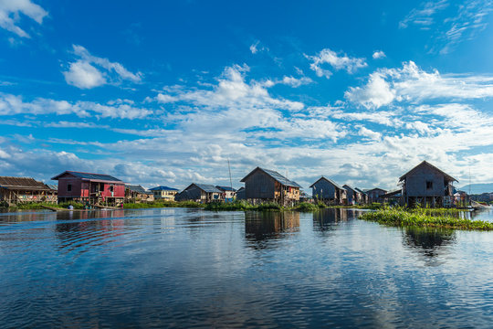 Wooden houses on the water on stilts, Inle Lake in Myanmar.