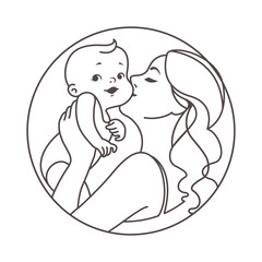 Logotype. Mother with newborn baby  on hands.