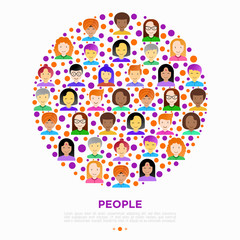 People concept in circle with flat icons: smiling cartoon male and female heads. Avatars of people with different races: caucasian, asian, african, hindu. Modern vector illustration.