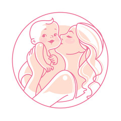 Logotype. Mother with newborn baby  on hands.