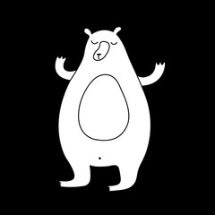 Cute cartoon hand drawn bear drawing. Sweet vector black and white bear drawing. Isolated monochrome doodle bear drawing on black background.