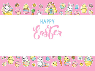 Banner of cute kawaii Easter cartoon characters with lettering on pink background. Easter bunny, chick, girl and basket of easter eggs. Beautiful Kawaii vector illustration for greeting card/poster.