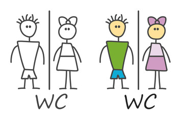 Child style funny doodle cartoon male,female symbol in in black and white and color style. Wc icon. Vector toilet and restroom icon. Bathroom vector. 