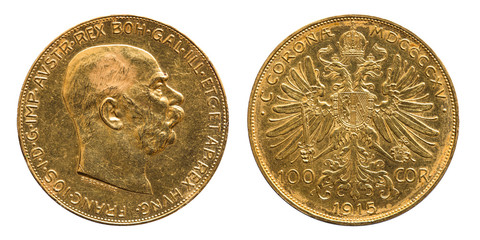 Österreich 100 Kronen Goldmünze 1915 - obrazy, fototapety, plakaty