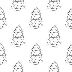 Cute cartoon christmas tree pattern with hand drawn christmas trees. Sweet vector black and white christmas tree pattern. Seamless monochrome doodle christmas tree pattern for textile and wallpapers.