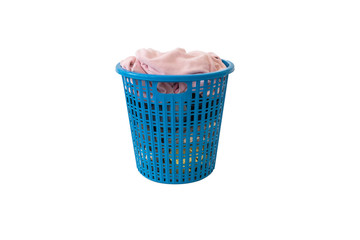 Clothes in a laundry wooden basket on white background
