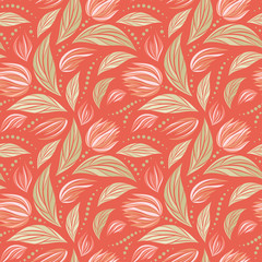 Seamless vector floral pattern with abstract flowers and leaves in pastel beige colors on pink background. Endless floral print