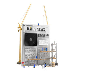 news building concept builders stick newspaper columns on a blank newspaper sheet 3d render on white no shadow