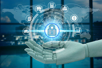 Robot hand holding network using padlock over the Network connection technology, Investment Financial intelligence artificial Technology Concept