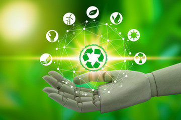 Robot hand holding with virtual environment icons over the network connection on nature background,...