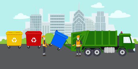 Garbage removal by happy workers. City landscape and containers with waste for recycling and sorting garbage concept. Waste management. Garbage truck and trash bins. Vector isolated illustration.