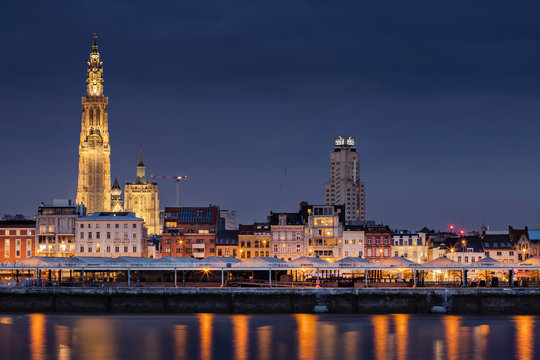 The beautiful skyline of Antwerp, Belgium with the Cathedral of our Lady on the left. 