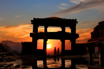 Runes of Hampi in India against sunset