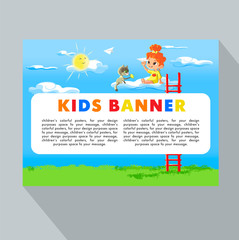 Summer Kids. Vector illustration of kid  playing on clouds with a paper airplane for summer camp poster. Template for advertising brochure, your text. Ready for your message.