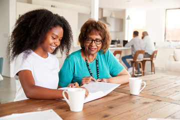 Teenage black girl looking through a photo album with her grandmother at home, close up