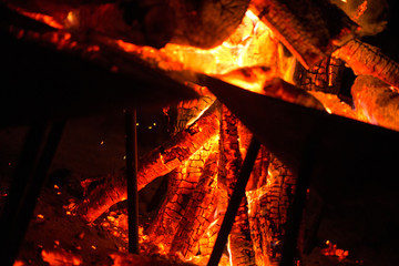 Ignite the fire. Warming up the cold winter nights. A macro shot of firewood, white dust and hot,...
