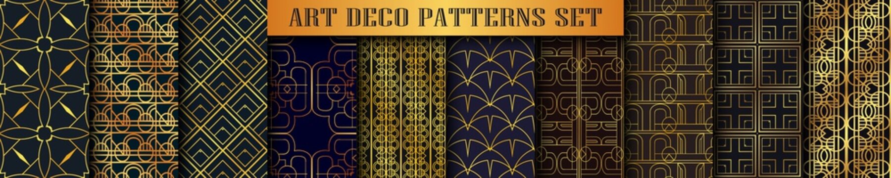 Vintage ornamental art deco retro seamless backgrounds and textures set . Vector illustration in this collection can be used for wrapping paper, wallpapers, tiling, flooring, fabric, textile