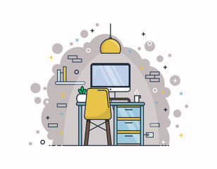 Workplace in the interior. Desktop, computer, flower, tea on the background of the wall and lamps. Flat design.