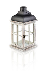 Vintage style candle lantern with open door and reflection isolated on white background