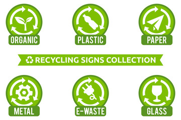 Recycling signs collection. Vector signs collection for different types of waste: organic, plastic, e-waste, glass, metal. Isolated recycling icons. Set of stickers for garbage containers.