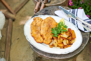 Schnitzel Wiener original paniert Oktoberfest Essen im Biergarten