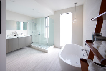 Modern domestic bathroom with shower cabin and freestanding bath, sunlight, no people