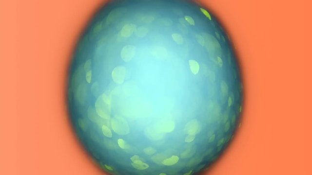 Turquoise animated Easter egg on a coral background. Bright easter background. Colorful paschal backdrop with twinkling particles in a blue egg.