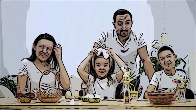 Happy and cheerful family: mother, father and two kids are smiling widely and share their positive emotions on the white background. Easter concept. Animated video. Scatch.