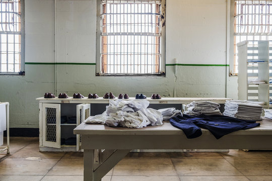 Laundry room in prison. Prisoner’s work, to clean and put cloths in order