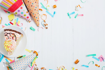birthday cake and  decoration on white wooden background