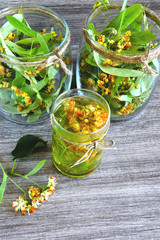 Linden flowers in a glass jar. Harvesting of linden tea. Linden tea. Healing herbal tea.