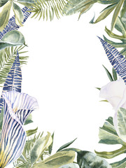 Wild Flowers animal skin print, tropical leaves golden  Frame. Exotic floral Wreath.  Zebra print flowers Border