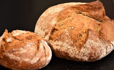 rye round baked bun and bread on black background