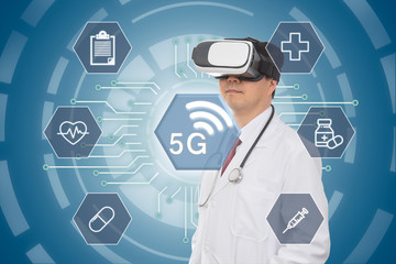 Male doctor wearing virtual reality glasses. 5G Medical Concept. Computer Graphic.