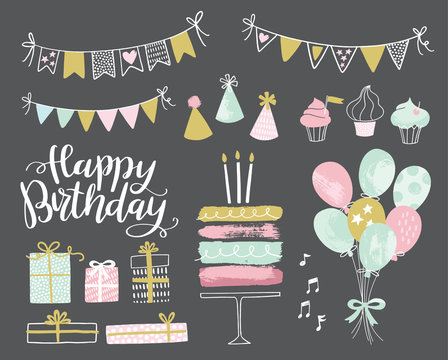 Set of vector hand drawn birthday party design elements. Party decoration, balloons, gift box, cake with candles, confetti, party hats, cupcakes, bunting banners.