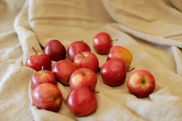 Red apples background. Heap of ripe red apples on vintage background. 