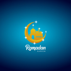 Fototapeta na wymiar Ramadan kareem greeting card design with mosque dome and olden ornate crescent, on blue background, EPS 10 - vector, Jpeg High Resolution 300 DPI