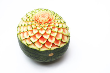 Thai food art, watermelon carved on white background