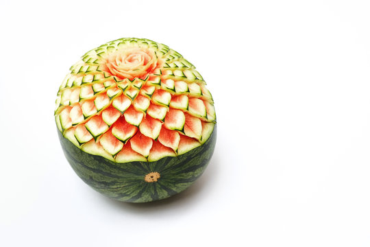 Thai food art, watermelon carved on white background