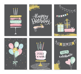 Set of birthday greeting cards design in hand drawn grungy style. Vector illustration for cards, invitations, posters. 