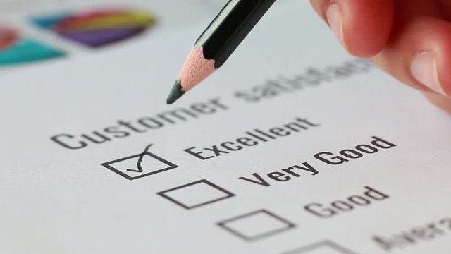 Customer checklist survey exellent form for feedback satisfaction mark over application blue forms document with black pencil. Opinion question botton for filling checkmark for business