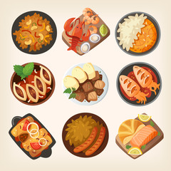 Dinner table closeup. Top view on classic dinner dishes from different countries of the world. Food from national cuisines on a table. View from above. Isolated vector illustrations.