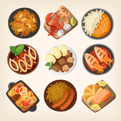 Fototapeta premium Dinner table closeup. Top view on classic dinner dishes from different countries of the world. Food from national cuisines on a table. View from above. Isolated vector illustrations.
