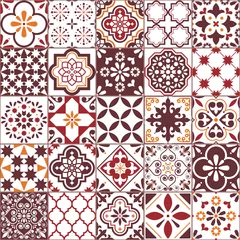Stof per meter Lissabon Azulejos tegel vector patroon, Portugees of Spaans retro oude tegels mozaïek, Mediterraan naadloos bruin ontwerp © redkoala