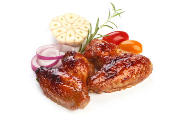 Spicy Roasted chicken wings with barbecue sauce, american food, close-up, isolated on white background
